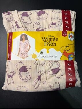 Winnie the Pooh Women’s 2-Piece Pajama Set XL Peach Henley Top Crop Pants NWT
